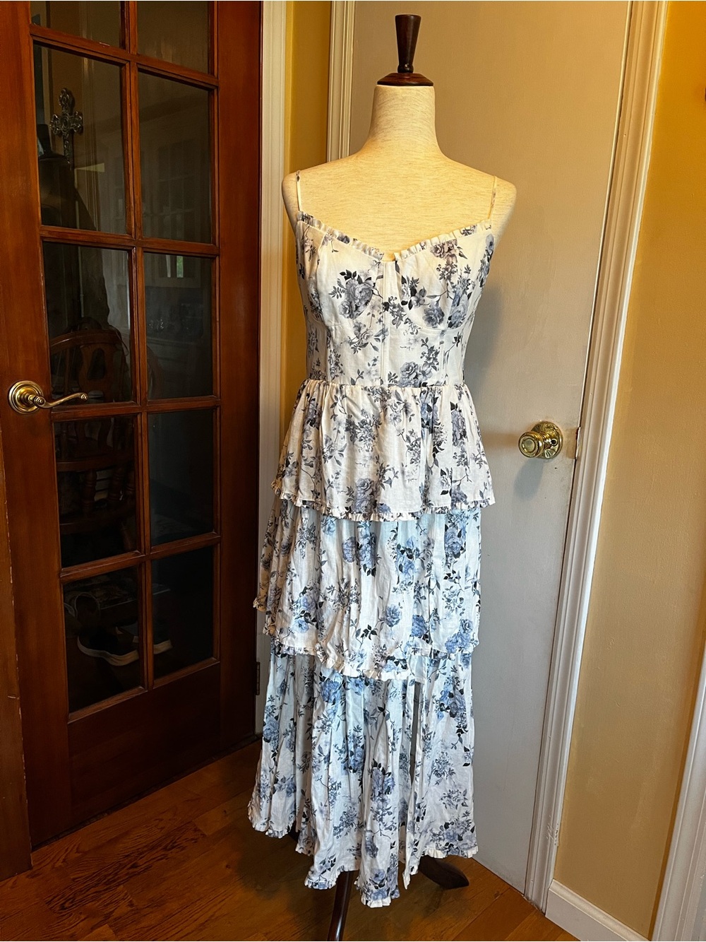 House of Harlow Blue and White Linen Floral Tiered Dress